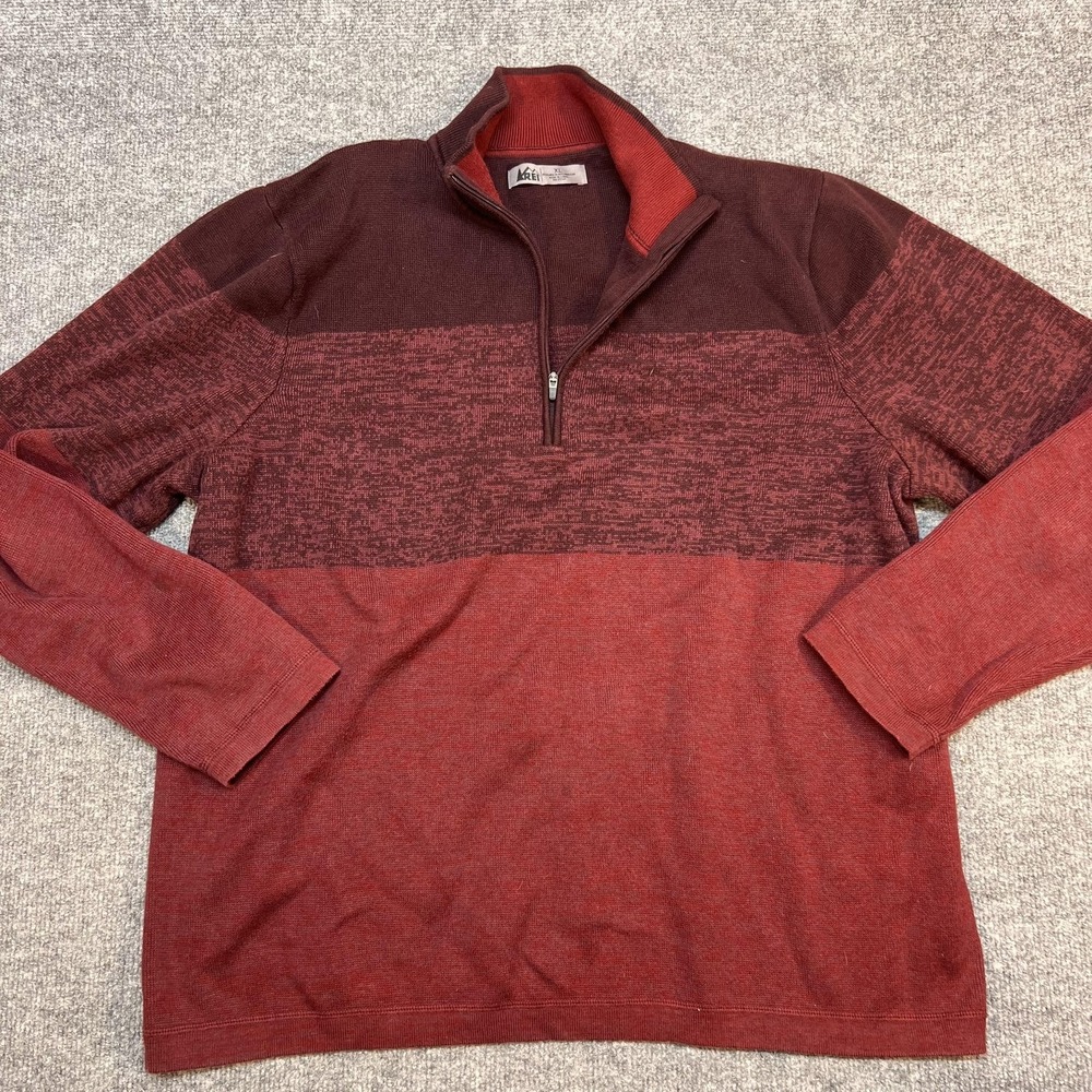 REI Sweater Mens XL Red Colorblock 1/4 Zip Mock Neck Pullover Knit Striped
